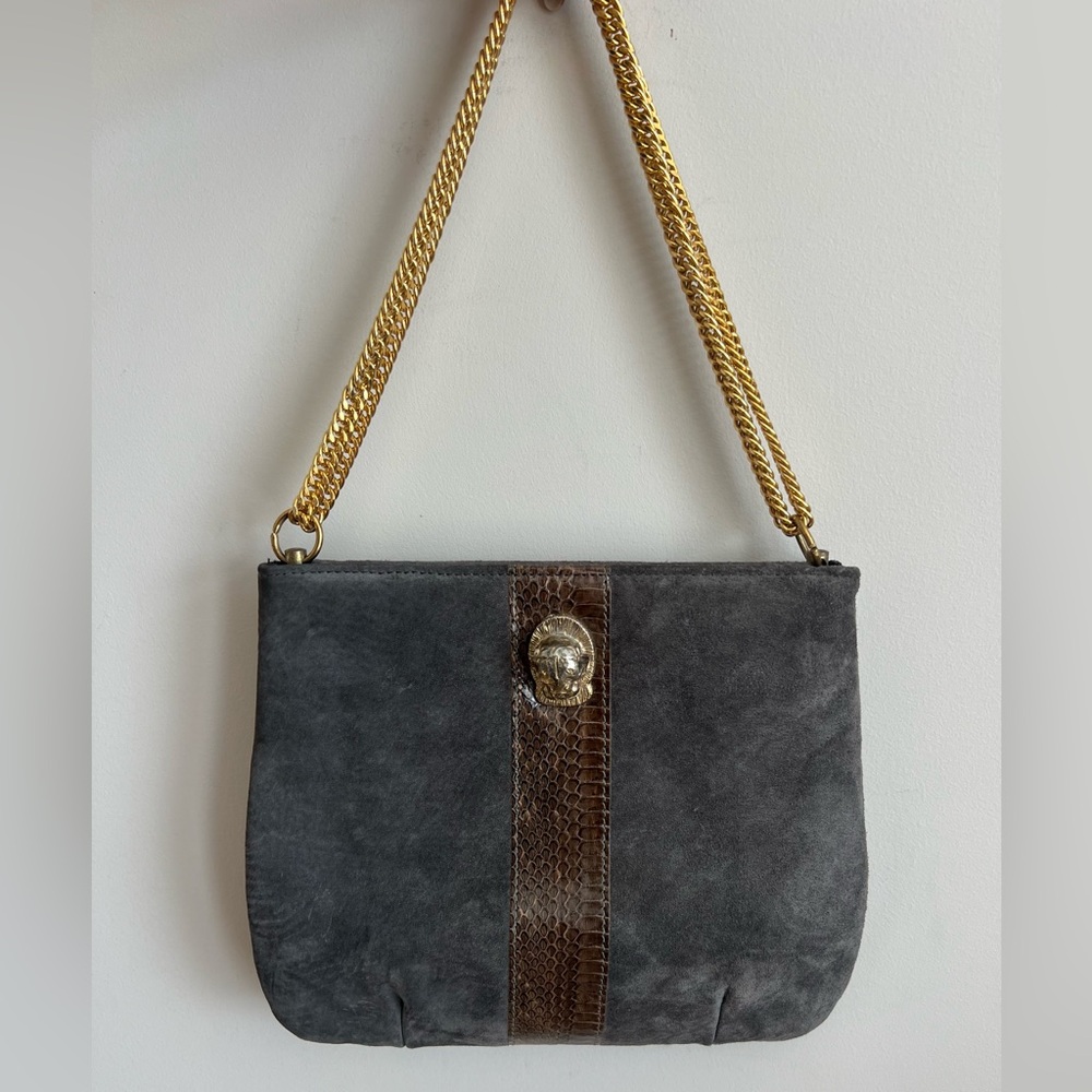 Stunning Ruth Saltz Grey Suede snake skin Cougar head Purse chain strap